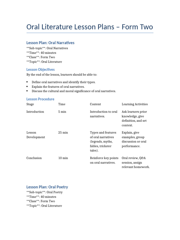 Oral Songs: Q&A for Form Two Students | PDF | Narrative | Lesson Plan