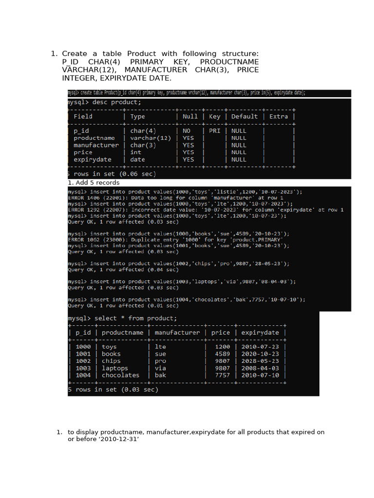 SQL Product Table Operations Guide | PDF