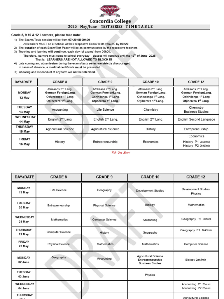 Concordia College 2025 Exam Timetable | PDF | Science | Educational Stages