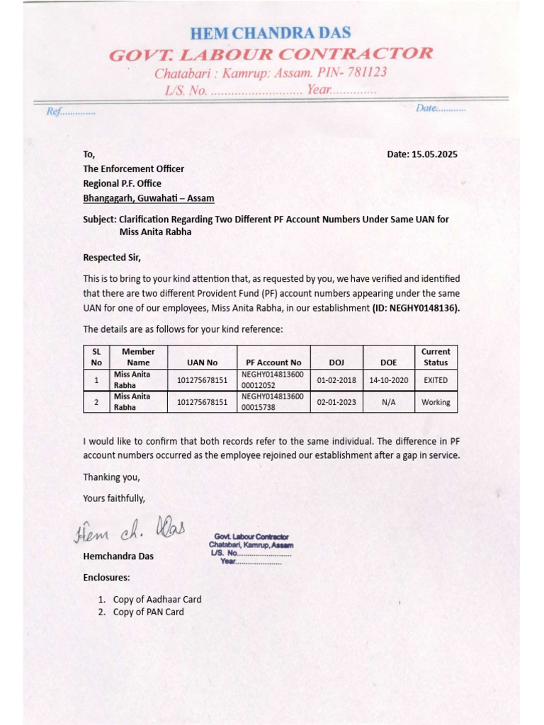 PF Account Clarification for Anita Rabha | PDF