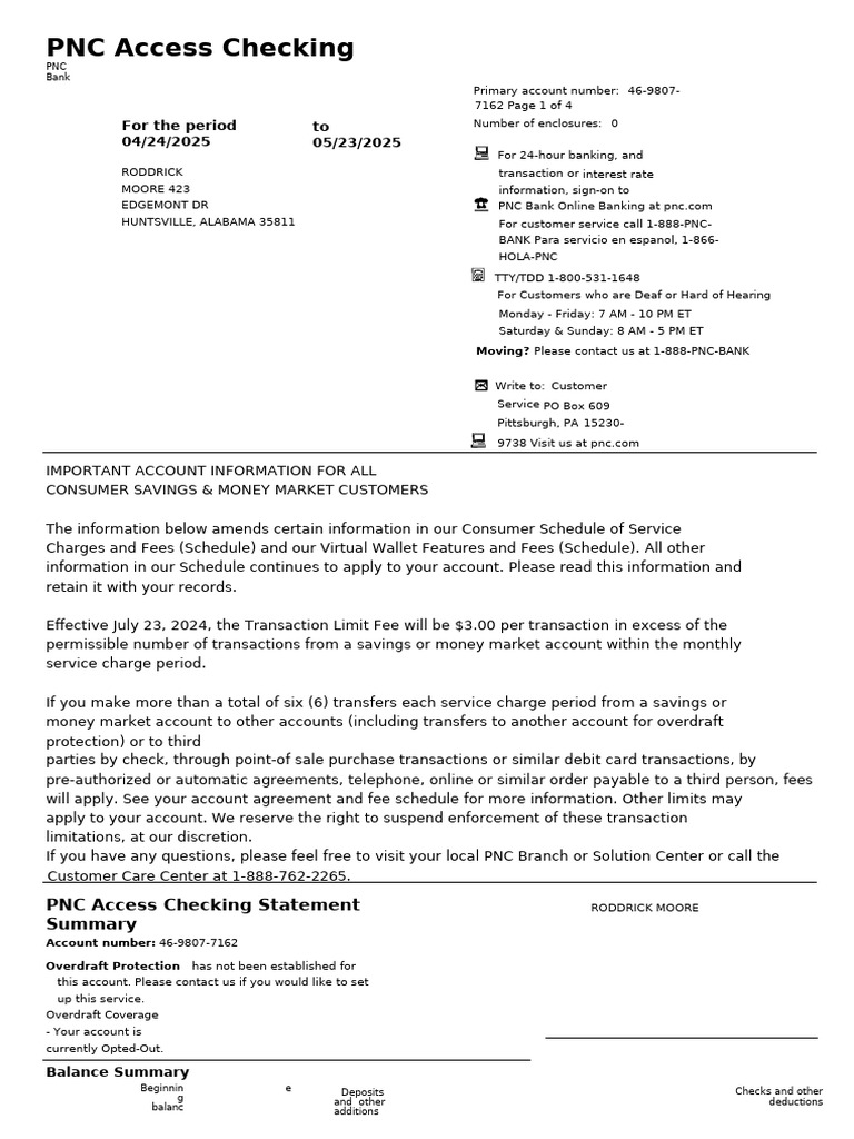 Aprik To May E-statements-PNC | PDF | Transaction Account | Overdraft