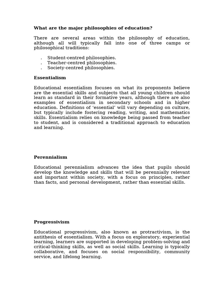 Major Educational Philosophies Explained | PDF | Philosophy Of ...