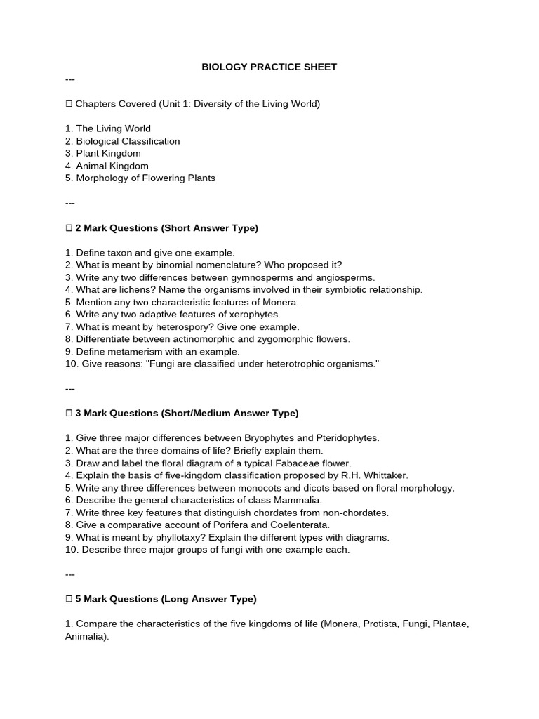 Biology Practice Sheet For Holidays | PDF