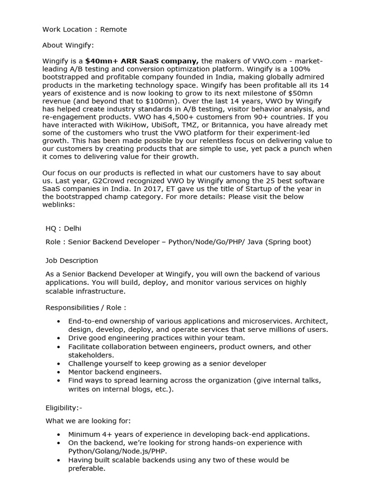 Senior Backend Developer at Wingify | PDF | Information Technology ...