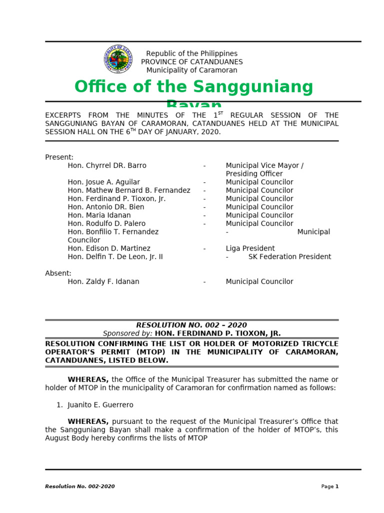 Caramoran MTOP Confirmation Resolution | PDF | Government