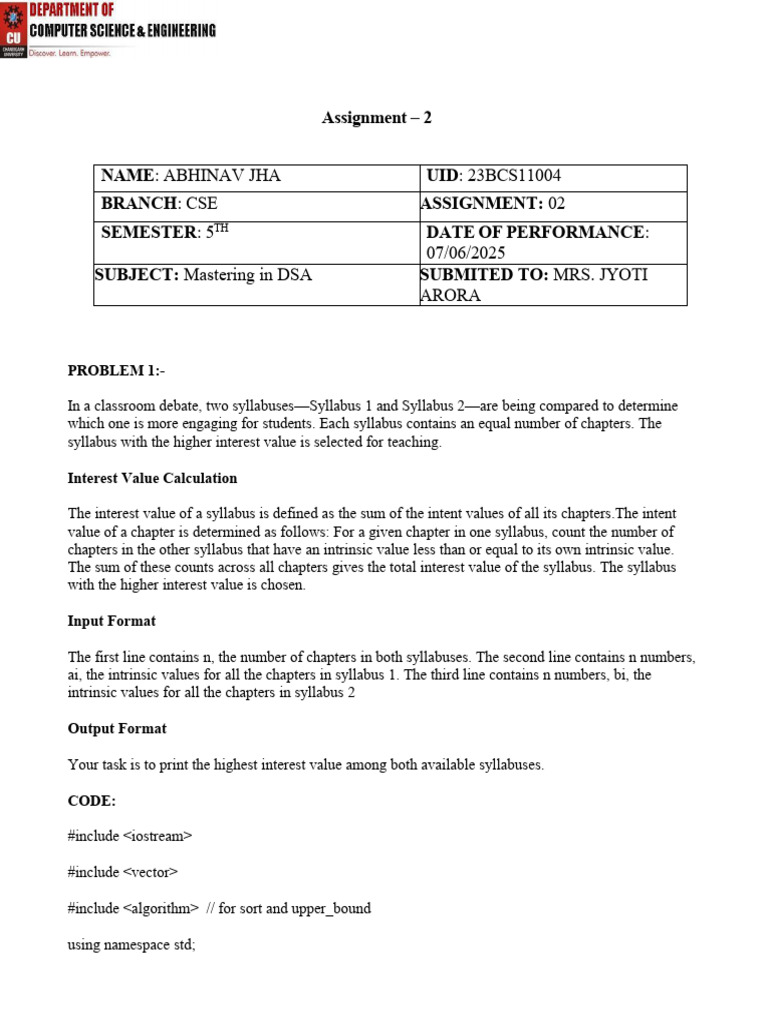 Abhinav Jha's DSA Assignment 2 | PDF | Namespace | Computer Programming