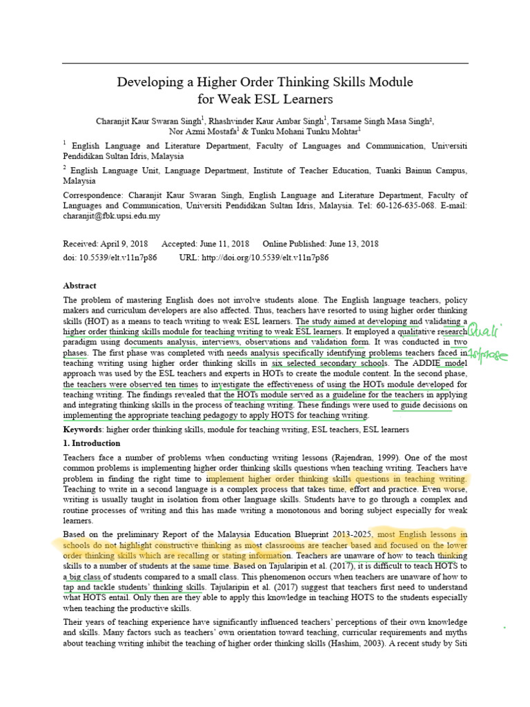 HOTS Module for Weak ESL Writing | PDF | Errors And Residuals ...