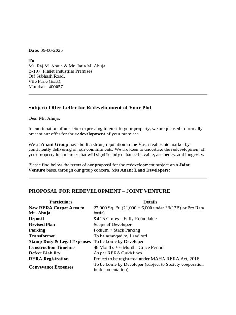 Subject: Offer Letter For Redevelopment of Your Plot | PDF | Door | Tile