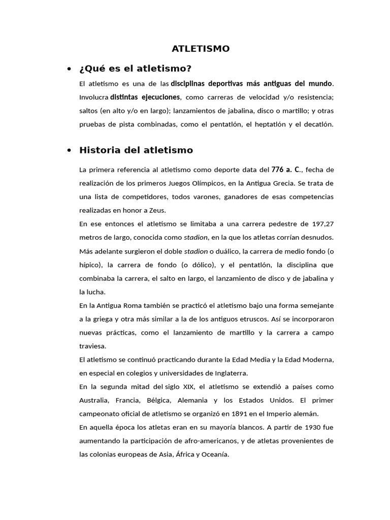 Historia y pruebas del atletismo | PDF | Deporte del atletismo ...