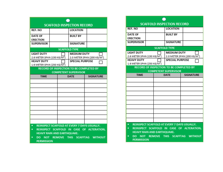 Scaffold Inspection Tag - Green | PDF