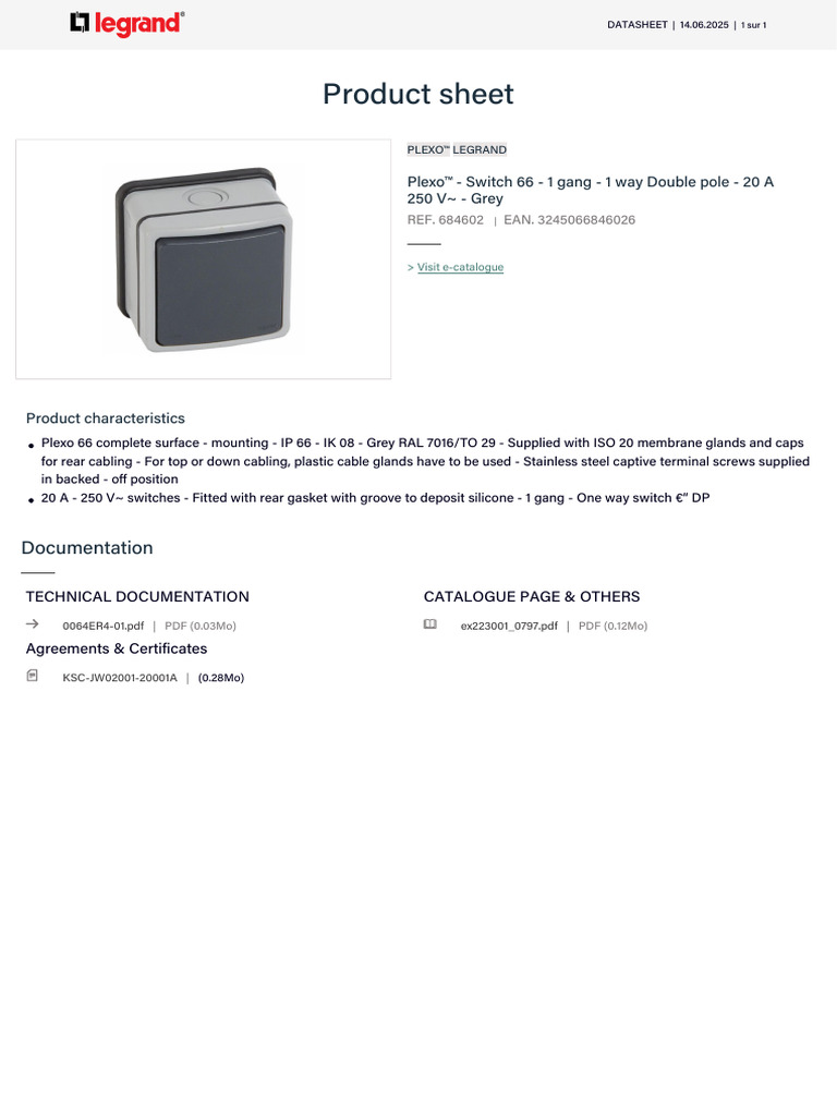 Legrand Plexo Switch 684602 Datasheet | PDF
