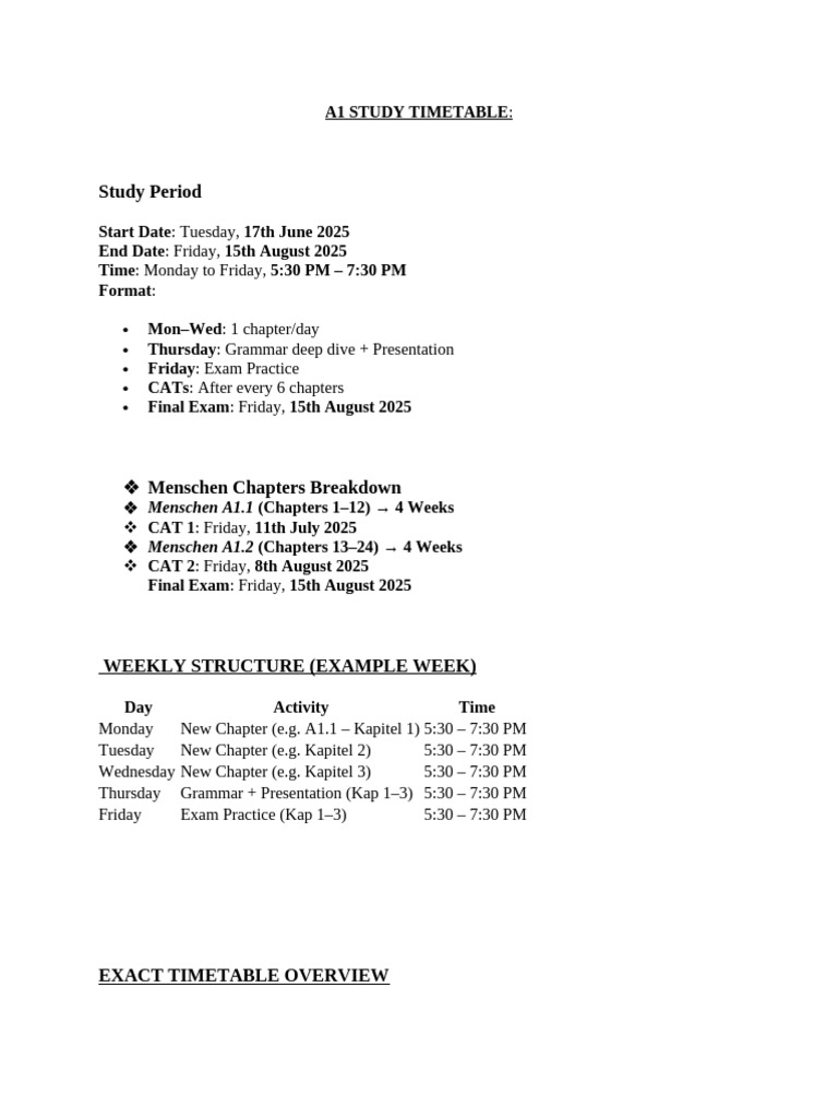 A1 Study Timetable Overview | PDF