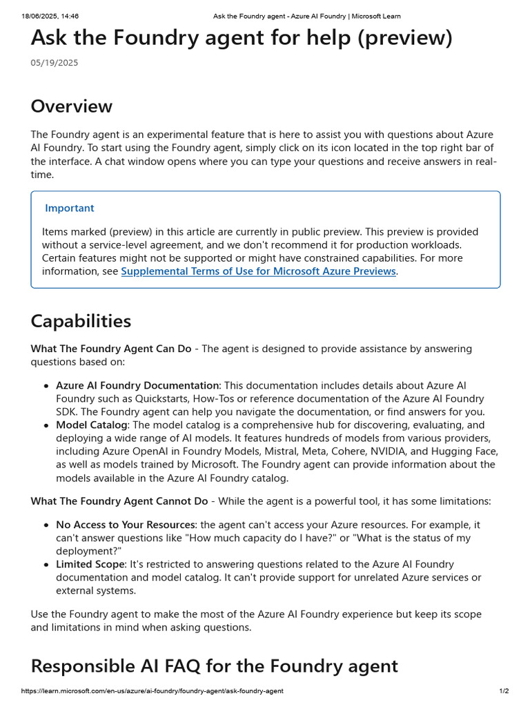 Ask The Foundry Agent Azure Ai Foundry Microsoft Learn Pdf