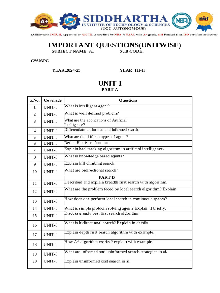 AI Unit-Wise Important Questions | PDF | Logic | Artificial Intelligence