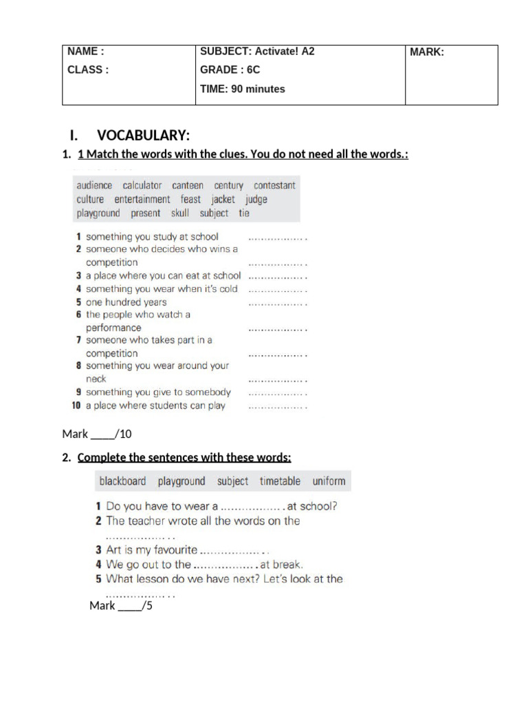 Vocabulary and Grammar Assessment A2 | PDF | Verb | Linguistic Morphology
