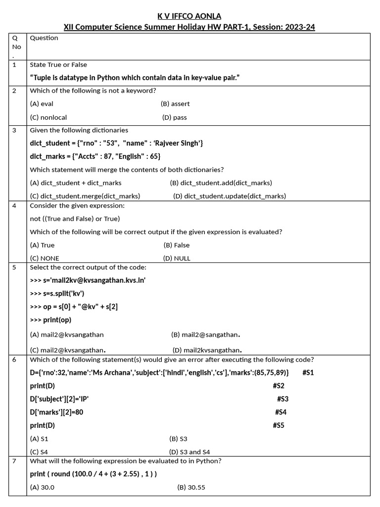 Python Computer Science Holiday Homework | PDF | Python (Programming ...