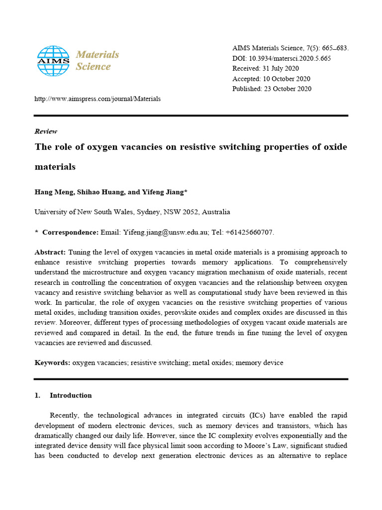 The Role of Oxygen Vacancies On Resistive Switching Properties of Oxide ...
