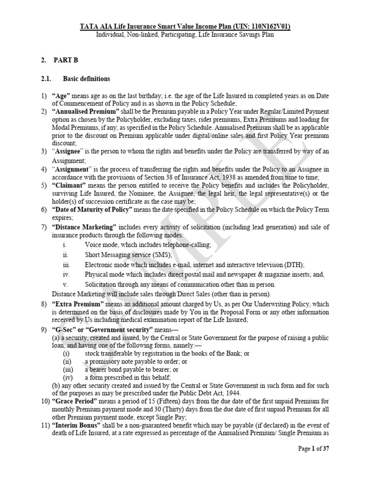 Smart Value Income Plan 110N162V01 TandC | PDF | Life Insurance | Insurance