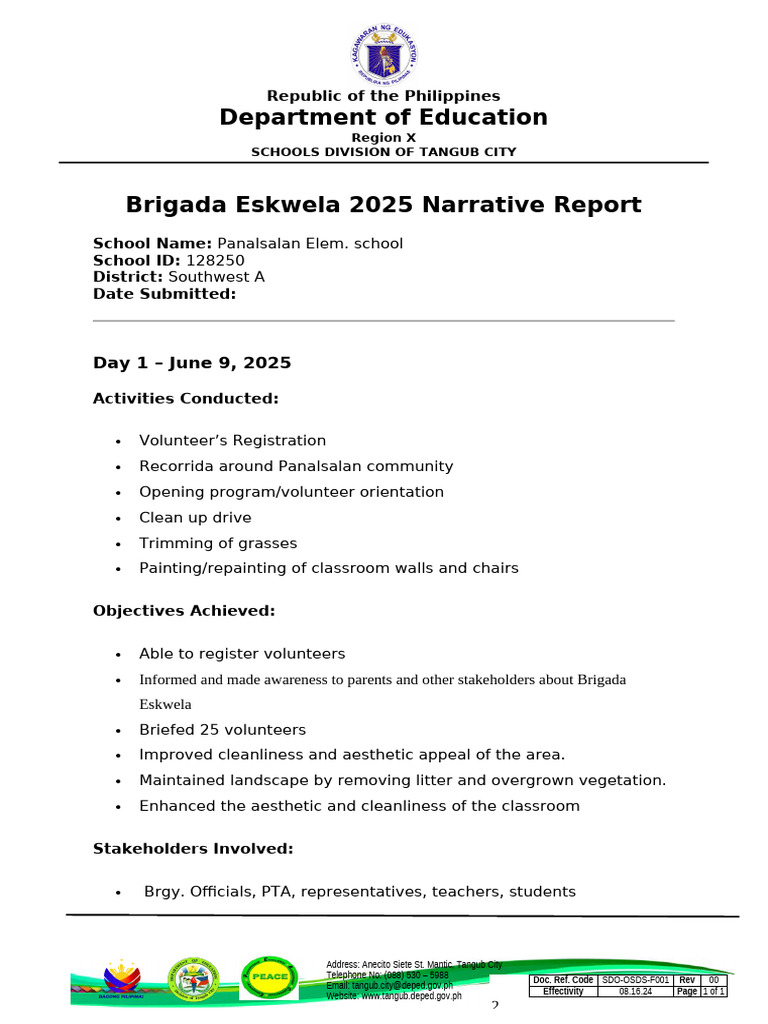 Brigada Eskwela 2025 Summary Report | PDF