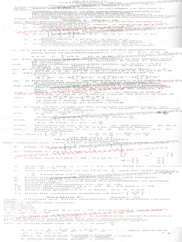 Past Papers 2015 Mardan Board FSC Part 1 Mathematics English Version | PDF