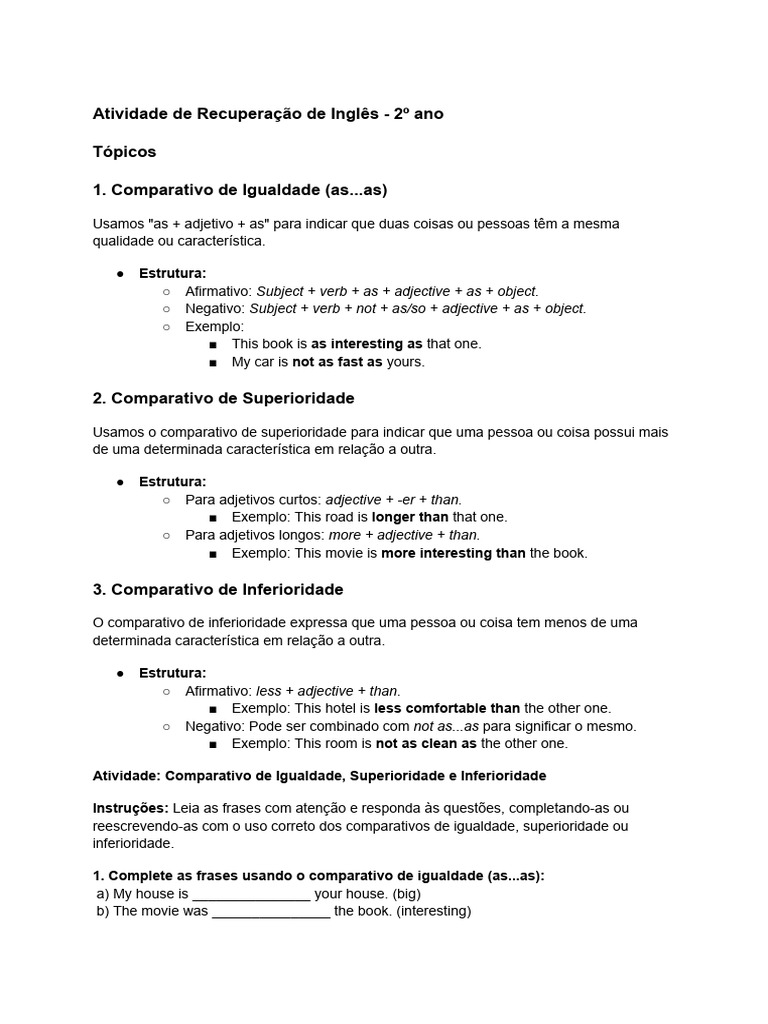 Comparativos em Inglês: Igualdade, Superioridade e Inferioridade | PDF