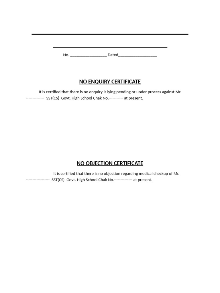 No Objection and Enquiry Certificate | PDF