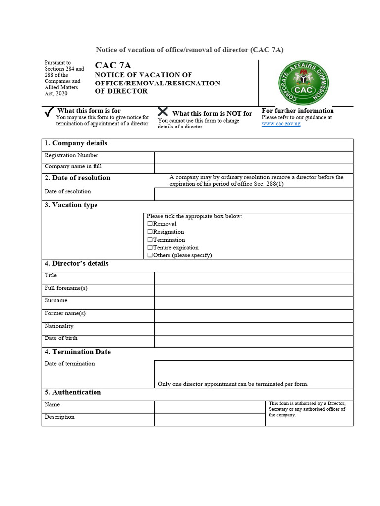 Director Removal Notice Form | PDF | Perjury | Government