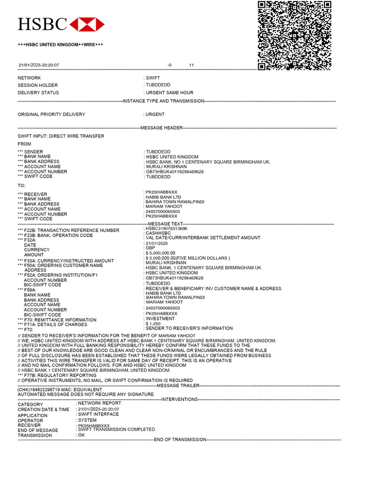 HSBC MT103 Wire Transfer Details | PDF | Wire Transfer | Money