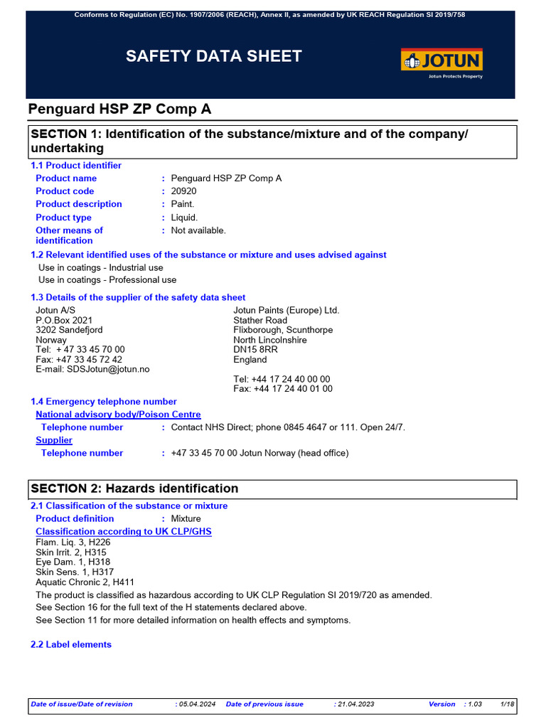 SDS 20920 Penguard HSP ZP Comp A Euk GB | PDF | Personal Protective ...