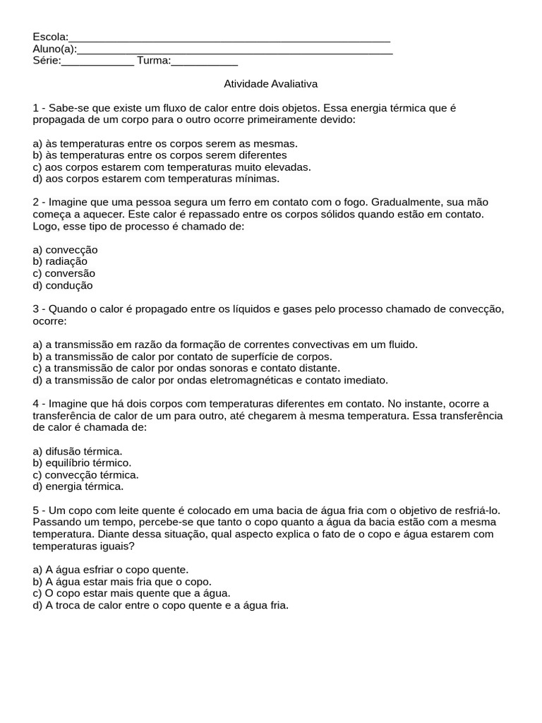 Atividade sobre Calor e Temperatura 7º Ano | PDF | Calor | Temperatura