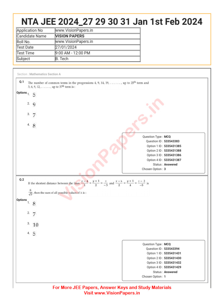 JEE 2024 Mathematics MCQs and Answers | PDF | Multiple Choice | Data ...