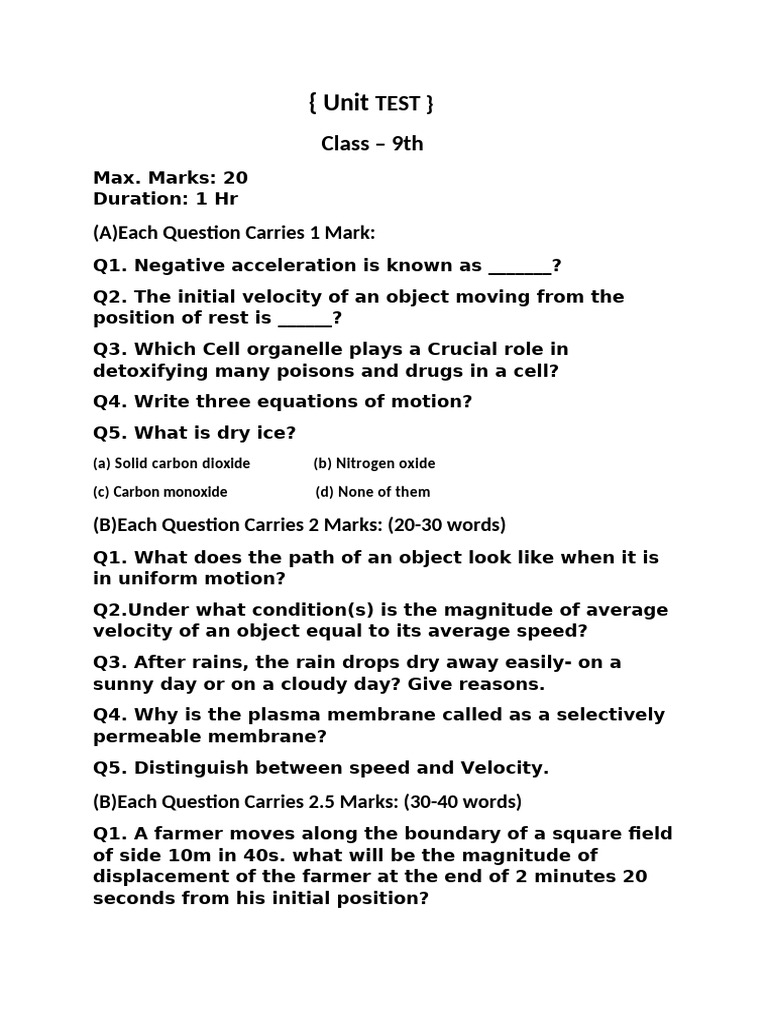Class 9 Unit Test on Motion and Cells | PDF