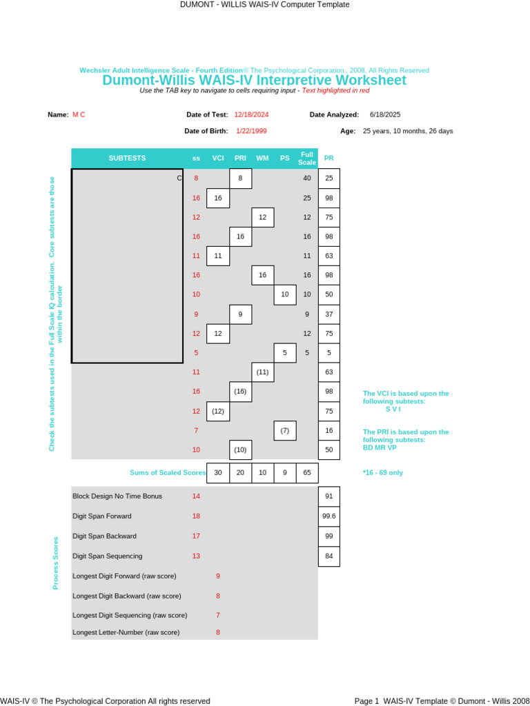 Wais IV Test | PDF | Wechsler Adult Intelligence Scale | Cognitive ...