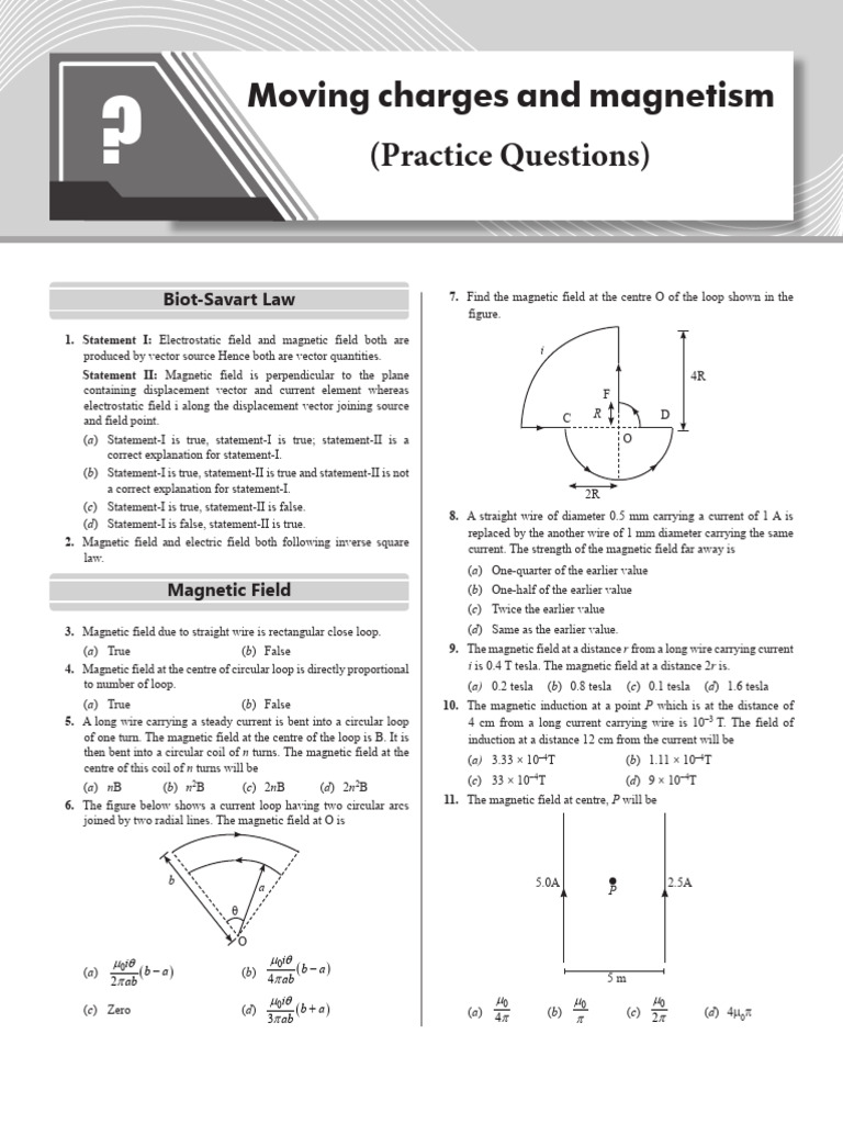 Moving Charges and Magnetism Practice Questions Yakeen N | PDF ...
