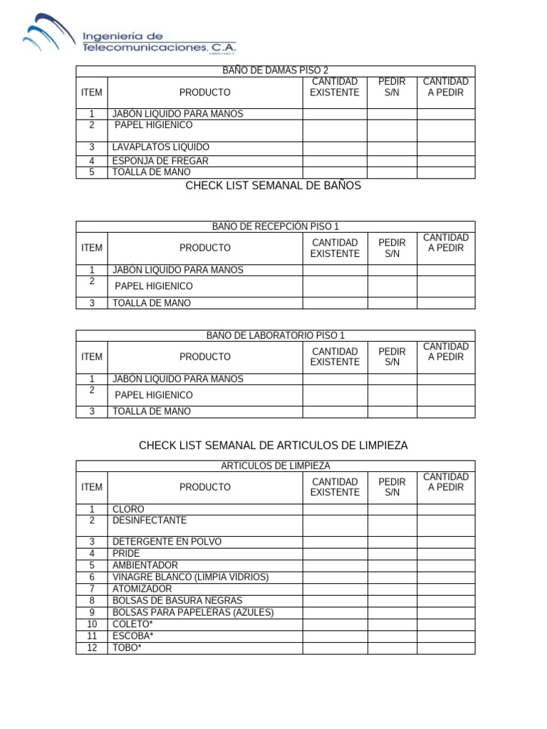 Check List de Limpieza y Suministros | PDF