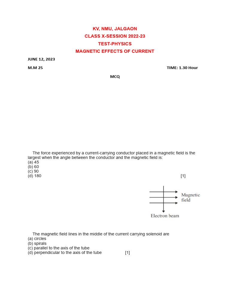 Magnetic Effects of Current Test Paper | PDF | Magnetic Field ...