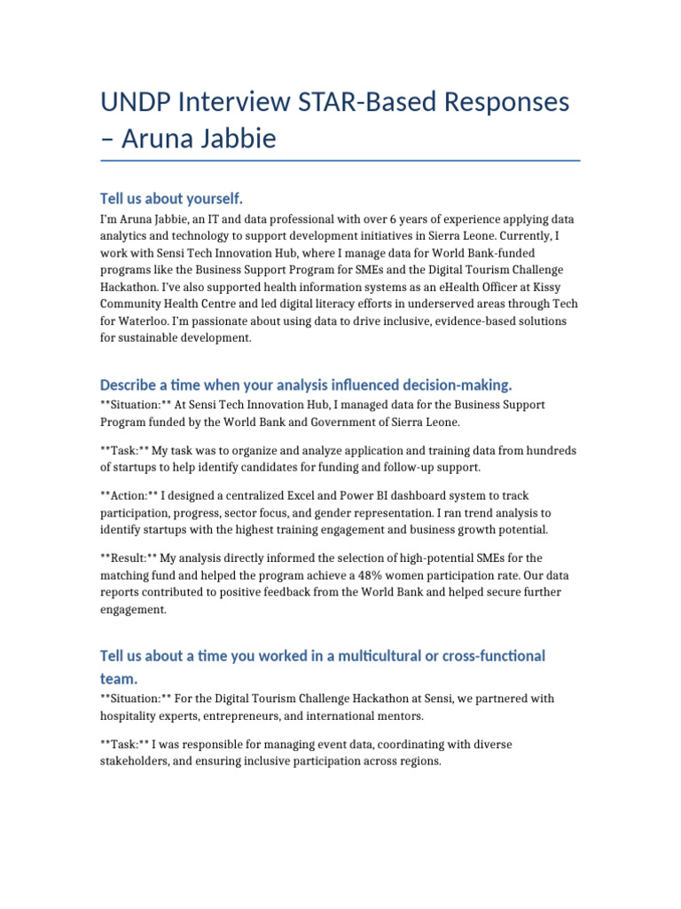 UNDP Interview: STAR Method Insights | PDF | Startup Company | Small ...
