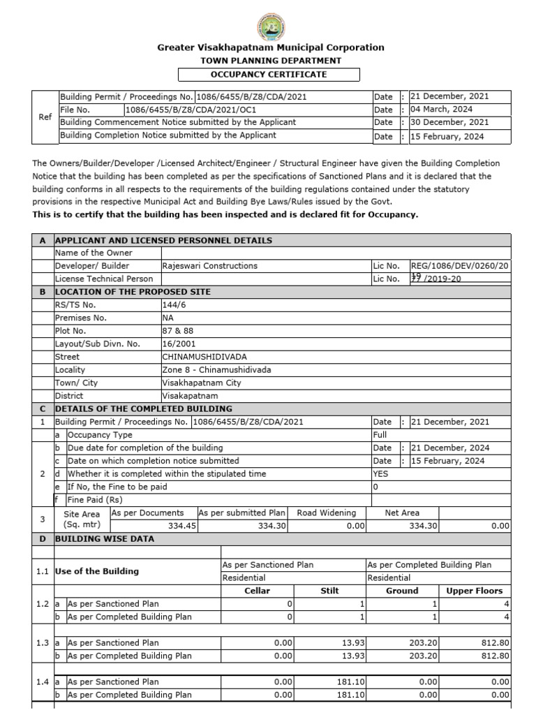 GVMC Occupancy Certificate Details | PDF
