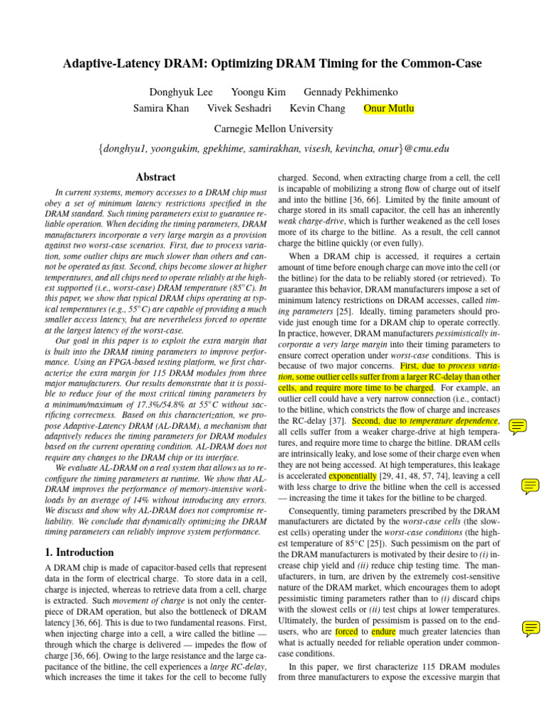 Adaptive Latency DRAM Optimizing DRAM Timing For The Common Case | PDF ...