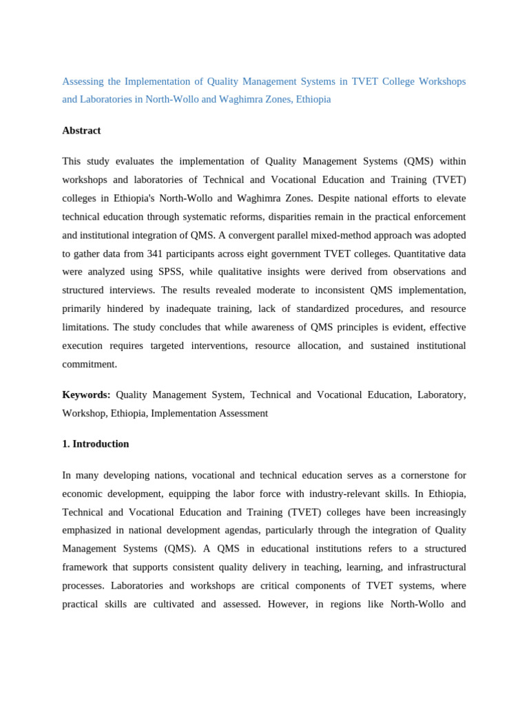 QMS Implementation in Ethiopian TVET Colleges | PDF | Quality ...