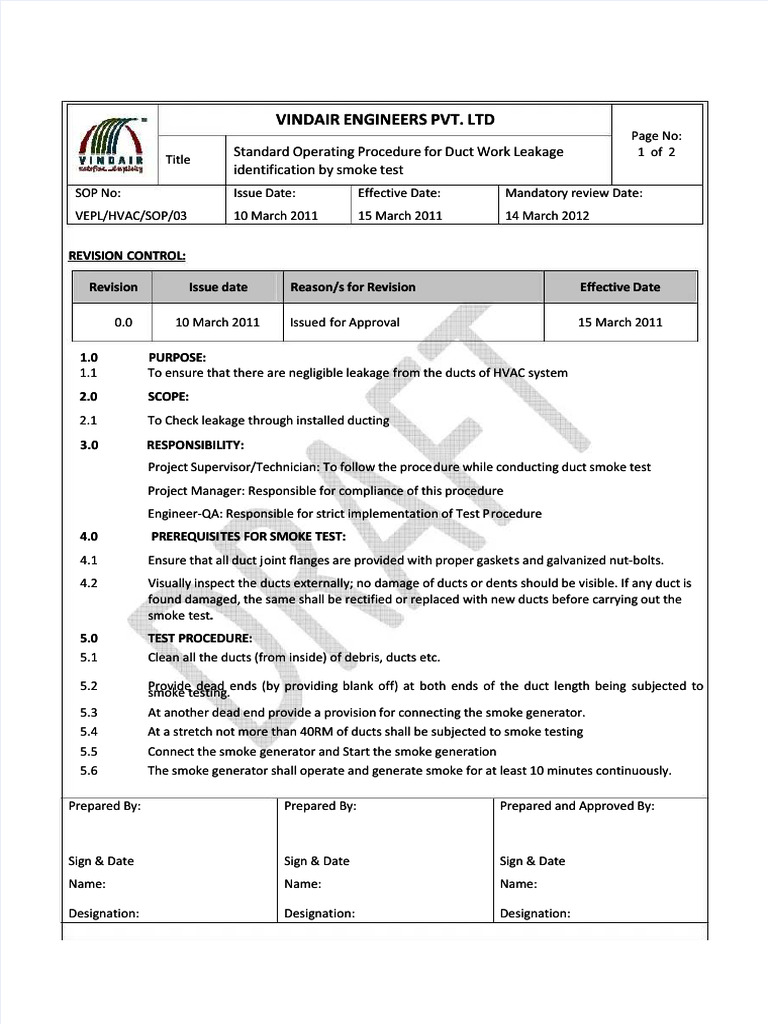 PDF Vindair Sop For Duct Smoke Test Compress | PDF