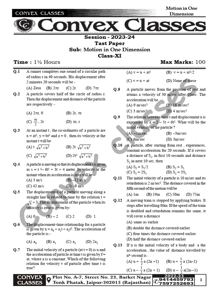 Motion in One Dimension Exam Paper | PDF | Acceleration | Theory Of ...