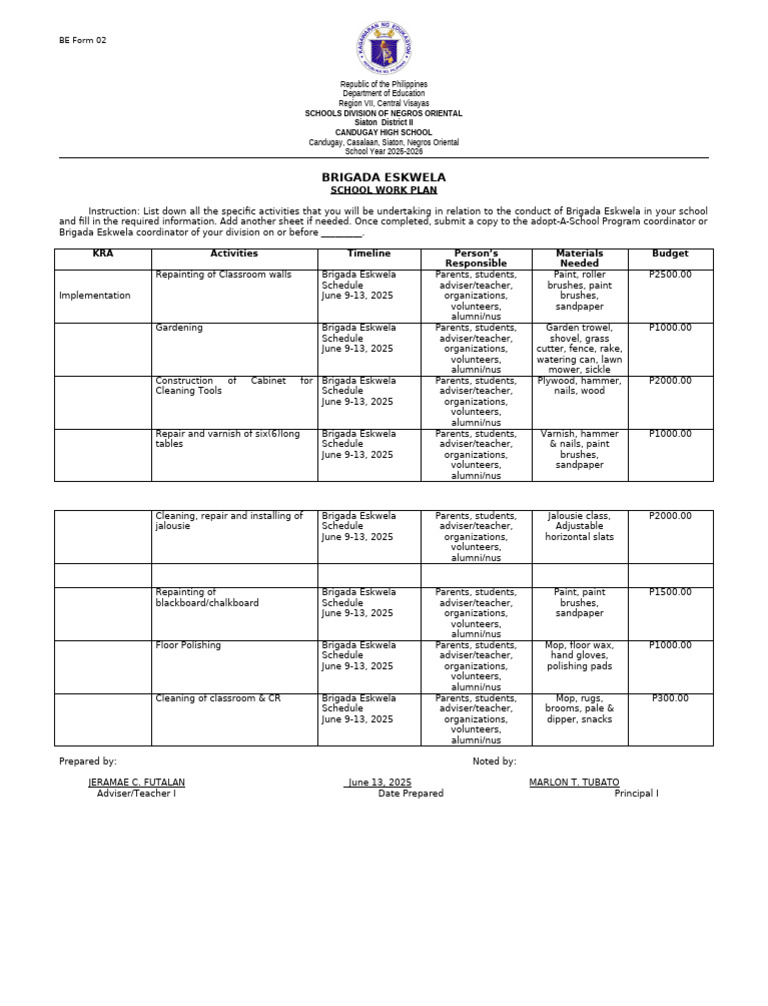 Brigada Eskwela School Work Plan 2025 | PDF