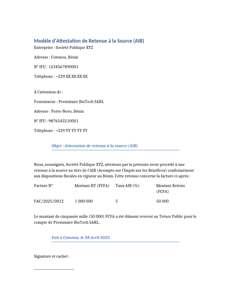 Attestation de Retenue à la Source AIB | PDF