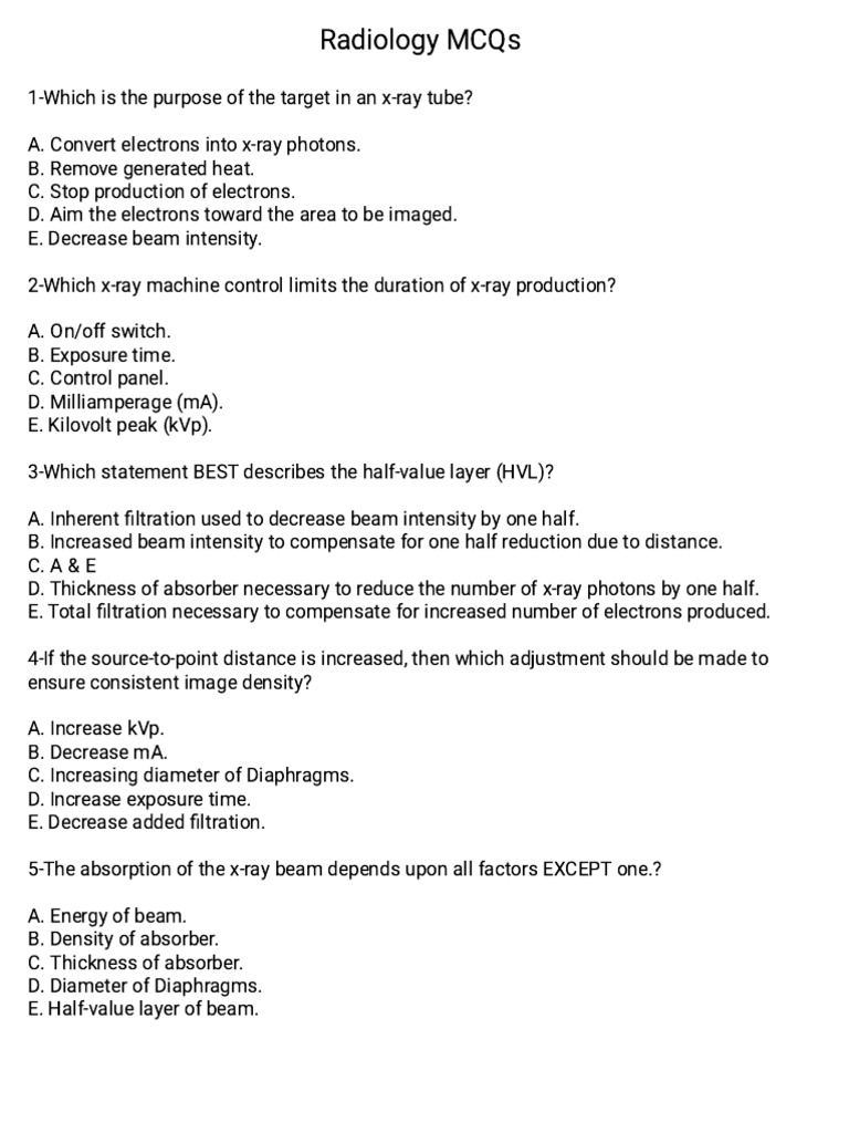 Radiology MCQs and Answers Guide | PDF | Vacuum Tube | X Ray