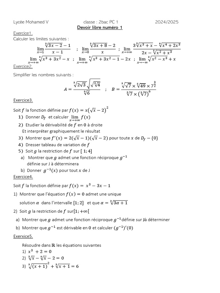 Devoir de mathématiques 2bac PC 2024/2025 | PDF