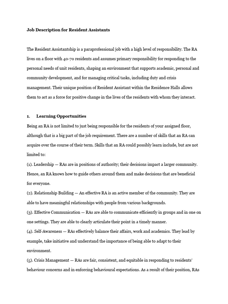 Resident Assistant Job Overview | PDF