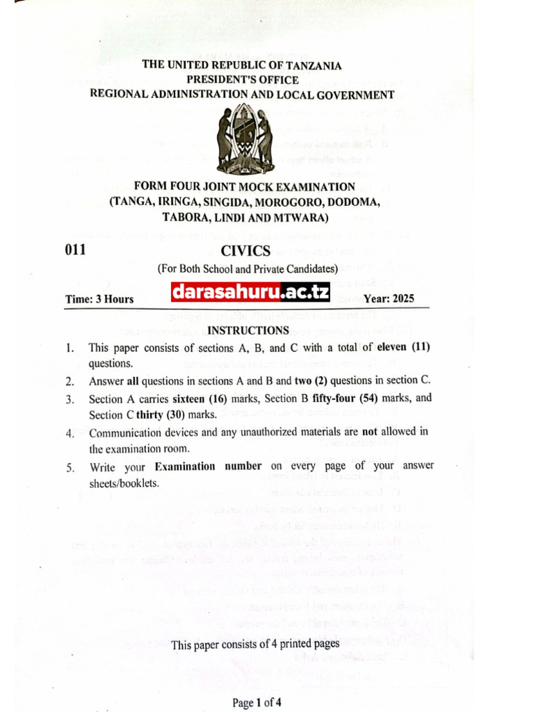 Civics Darasahuru - Ac.tz Form Four Joint Examination Civics PDF | PDF