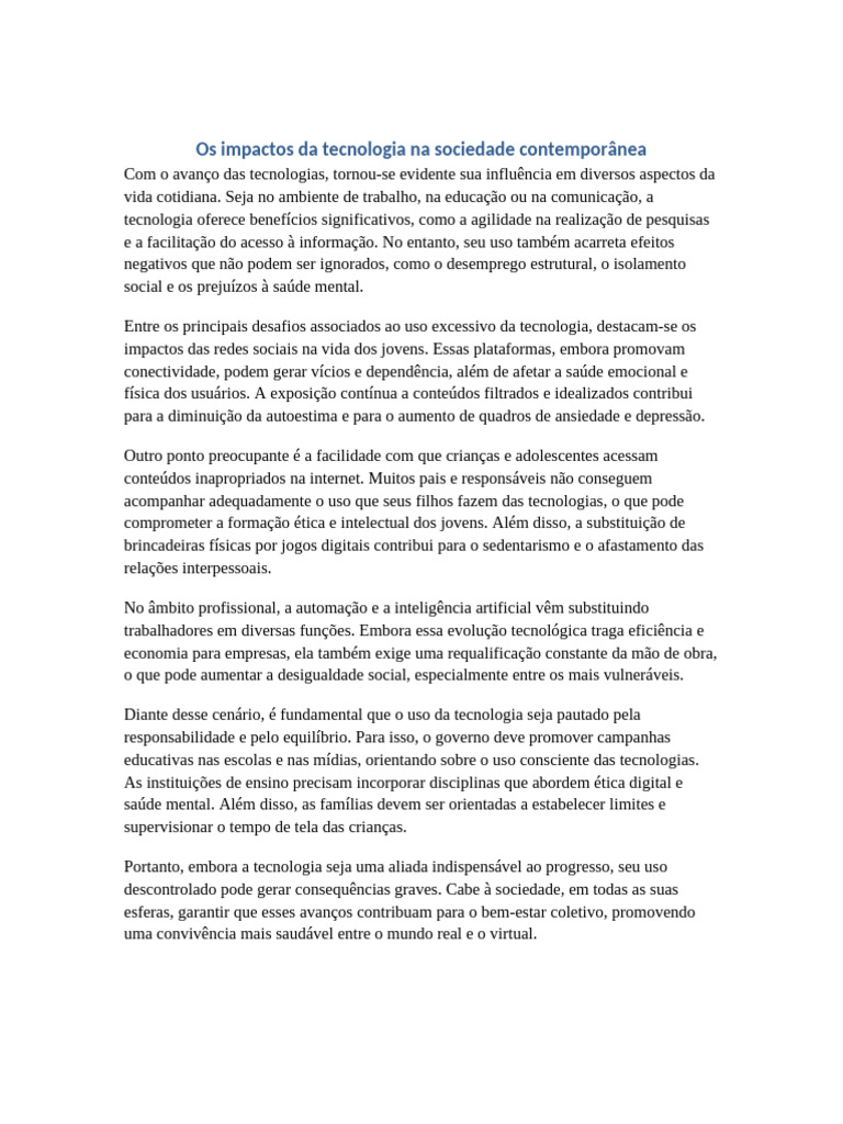 Impactos da Tecnologia na Sociedade Atual | PDF | Saúde mental | Internet
