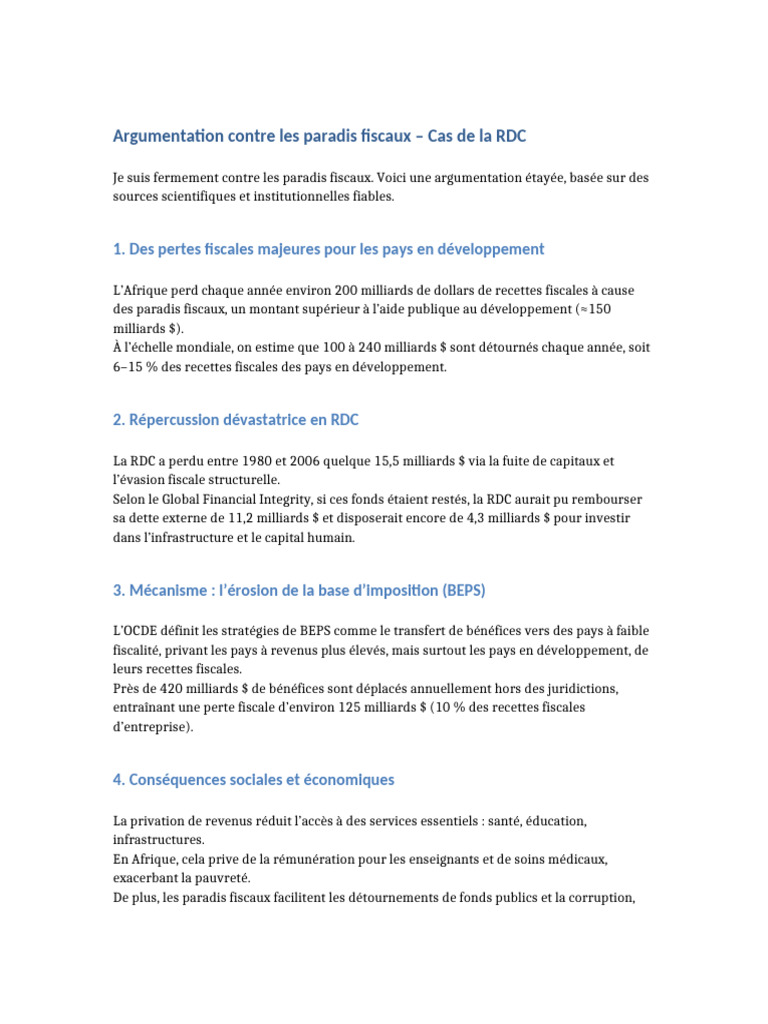 Impact des paradis fiscaux en RDC | PDF | Paradis fiscal | Fraude fiscale